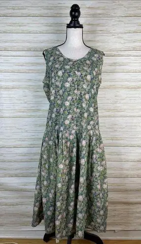 Vintage Blue  Cotton Wild Rose Primt Button Fromt Midi Dress