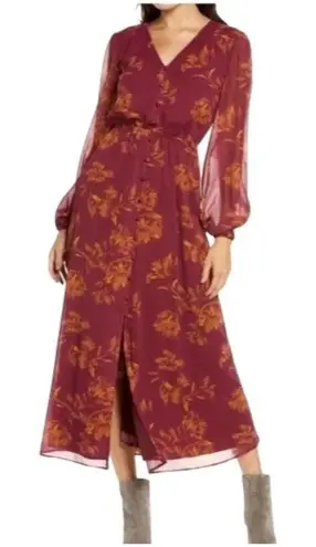 Chelsea28 Chiffon Ling Sleeve Floral Maxi Dress Burgundy Size XS Boho Beach Cute