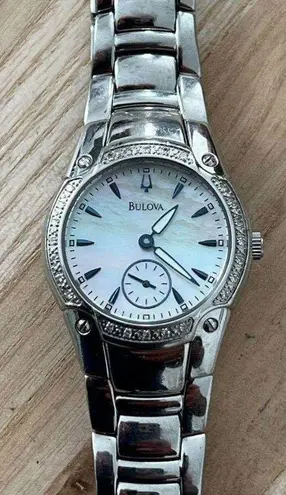 Bulova Diamonds Ladies Watch Pearl Dial Stainless Bracelet Blue Markers 96R55