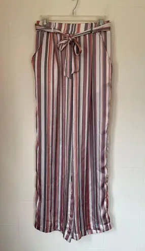 Soulmates satin striped pants elastic waist belted pink grey women’s size M