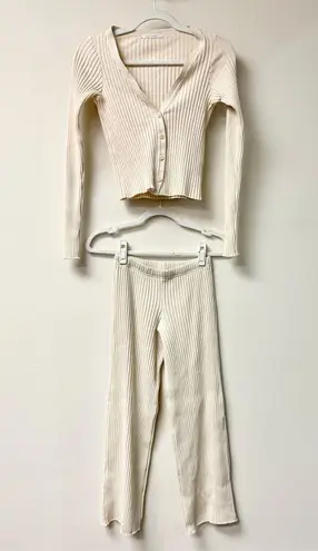 John Elliott Ginza Rib Knit Long Sleeve Cardigan & Trouser Pants Set Cream 1 / S