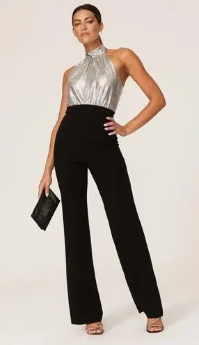 Black Halo Genesis Black Silver Wide Leg Halter Cocktail Jumpsuit Size 2