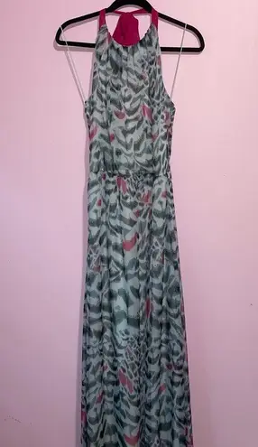 Erin Maxi Dress Women Size 8 Halter Sheer Overlay Abstract Print Preppy Sundress Blue