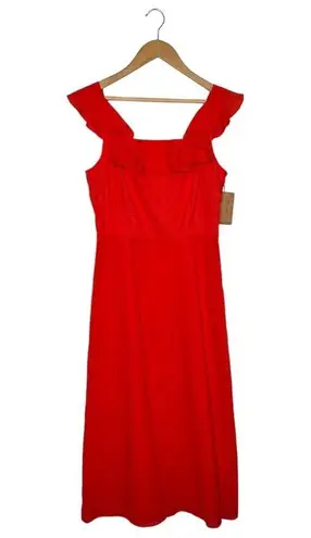 New Cremieux Dress Womens 4 Midi Smocked Back Ruffle Shoulder Summer Red Coastal