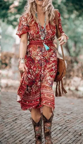 Boho Hippie Midi Dress MEDIUM Red Floral Feminine V