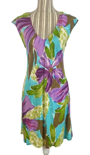 Jams World Turquoise Purple Green Flower Song Print Sleeveless Dress Size Small