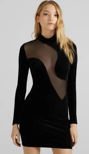 Bershka Black Mesh Cutout Velvet Bodycon Mini Dress Long Sleeve Size S