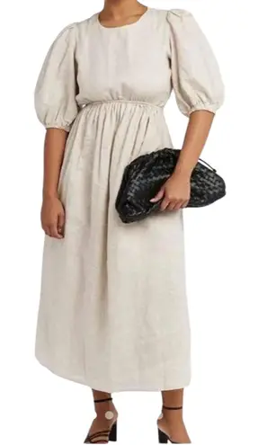 Dissh Claudia Midi Dress Puff Sleeves Backless Natural Linen Beige Size 8 Tan