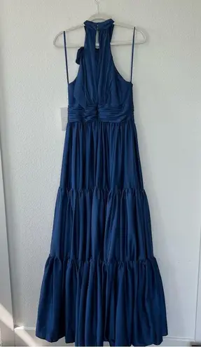 Mac Duggal Ruffle Tiered Soft Tie Halter Neck Gown in Sapphire Blue