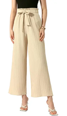 Allegra K Women's Pockets Tie Knot High Waist Wide Leg Paperbag Pants Size M