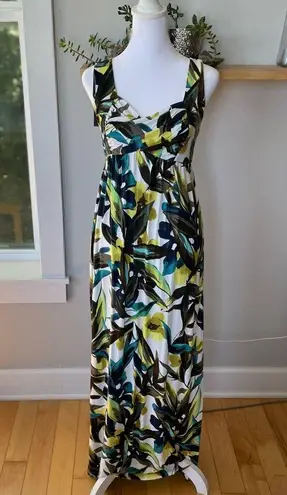New York & Company Teal White Lime Tropical Print Stretch Maxi Dress Size XS Yellow
