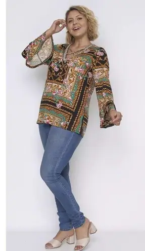 NWT Purple Rain bellsleeve Floral Print Sequin Beaded Neckline Boho Chic Tunic3X Size 3X