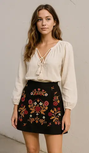 The Impeccable Pig Embroidered Black Mini Skirt Floral Design Size S