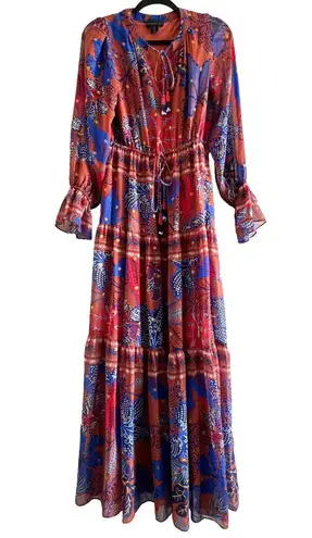 House of Harlow Maxi Tiered Floral Rustic Boho Long Sleeve Dress Size Small Orange