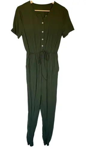 olive green button front drawstring waist jumpsuit pockets women's size small