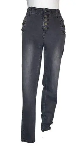 BBJ Women's High Rise Denim Button Fly Side Buttons Acid Wash Skinny Size 7 Black