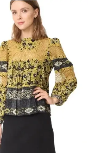 SEA New York Women’s Silk Lace Crochet Bib Mustard Black Blouse Size 2