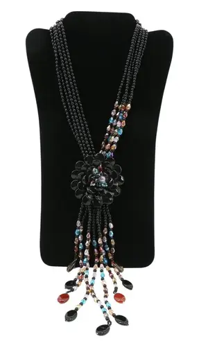 Joan Rivers New Starlet Style Beaded Flower Cluster Fringe Black Necklace 20"