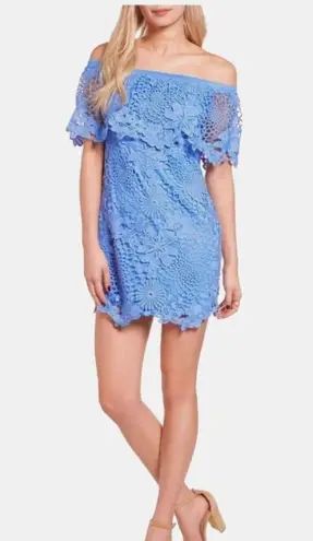 Mimi Chica  Dress Blue Lace Crochet Off Shoulder Short Sleeve Mini Dress Medium