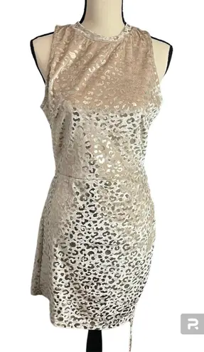 K TOO NEW Women's Gold Velvet Metallic Cheetah Print Bodycon Dress Sz L Holiday Size L