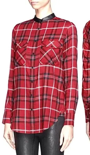 Vince Red Plaid Lamb Leather Trim Long Sleeve Button Down Shirt Sz 8