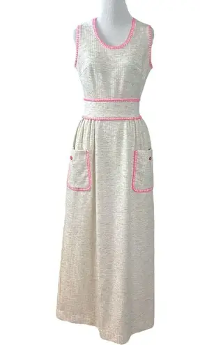 Vintage 60s 70s Shady Lane Sleeveless Cream Maxi Dress Spring Mod USA Size Small Pink