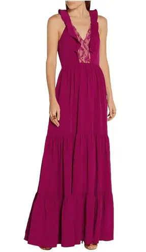 Saloni Suzi Ruffle Lace Trimmed Crinkled Gauze Maxi Size 6 Dress Magenta $625 Pink
