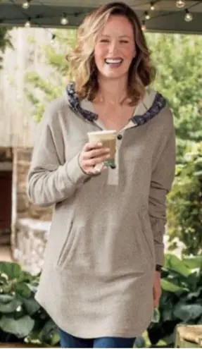 Soft Surroundings Cabin Cuddle Up Fur Trim Hoodie Tunic Terry Sweatshirt Tan M