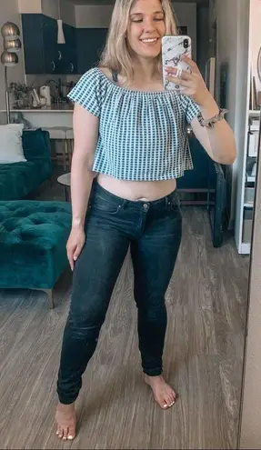 ZARA  Trafaluc Blue Gingham Cropped Peasant Off Shoulder Top Flouncy Size S