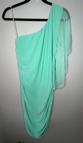 Deb Vintage Mint Green One Shoulder Ruched Dress w Rhinestone Sheer Sleeve Sz 1X
