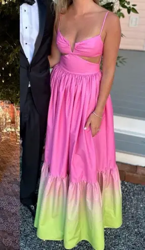SAU LEE Nova Cutout Maxi Dress Gown in Pink Green Chartreuse Ombre Sz 2 US