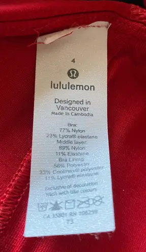 Lululemon -RED SPORTS BRA-SIZE 4 “HIGH RIDE” printed on front, strappy cross back, excellent condition - Image 4