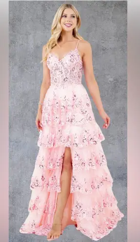 Cinderella Couture 8248J A Line Long Formal Ruffle Prom Dress Pink Size 0