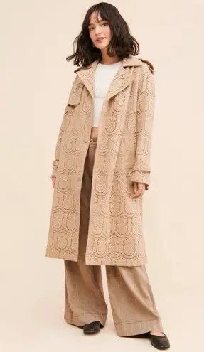 Farm Rio Pineapple Eyelet Trench Coat Womens XS Tan Khaki Cotton Button Front