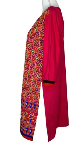 Indian Pink Cotton Multicolor Embroidered Dancers Geometric Sequins Tunic Top Size L