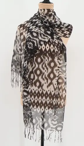 Black White Geometric Print Scarf Ikat Lightweight Fringe Shawl Wrap Boho Indie