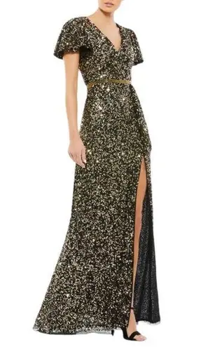 Mac Duggal Black and Gold Sequined Wrap Over Butterfly Sleeve Draped Gown Sz 6