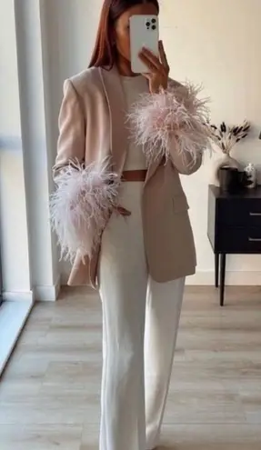 ZARA STRAIGHT BLAZER WITH FEATHERS JACKET BEIGE PINK. Size medium