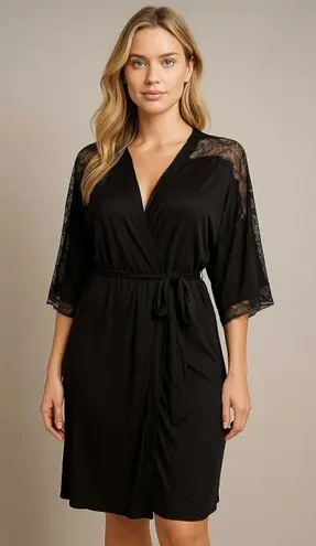 Eberjay Eberjey Robe Women Small Lace Trim Soft Black Belted 3/4 Sleeve Honeymoon - Image 1