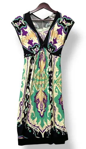 ECI New York Silk Dress Size 4 Green Purple Paisley Beaded Empire Waist Retro
