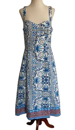 Avec Les Filles Sleeveless Blue Palm Tile Sweetheart Neckline Midi Dress 12 -NWT
