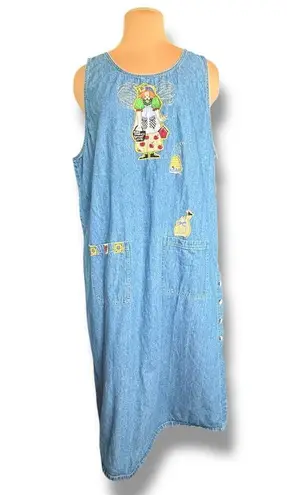 Vintage Quacker Factory Denim Jumper Midi Dress Plus 2X Yellow Floral Embroidery Blue