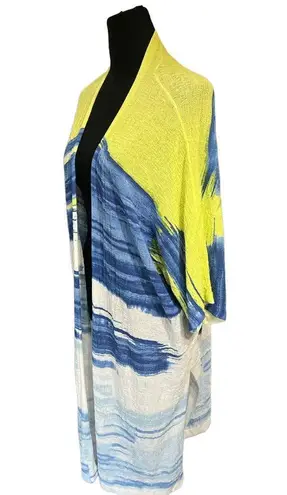 Chico's  Lightweight Printed Cardigan Sweater Large Yellow Navy White Swim Coverup