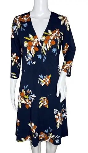 Leota Dress Women Medium Blue Orange Floral Flower Fit Flare Bloom Preppy Office