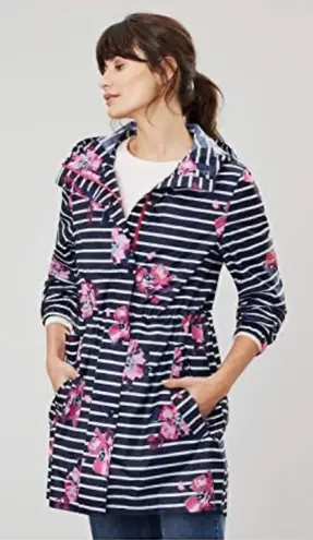 Joules Women’s Navy Blue White Stripe with Pink Flowers Rain Coat Jacket Sz 4