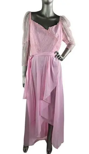 Vintage 1980s Pink Maxi Dress with Mesh and Embroidered Bodice Medium