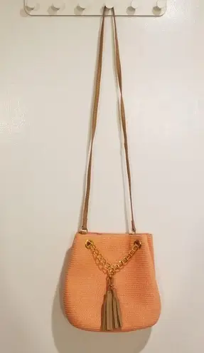 Straw Crossbody Bucket Bag ~ Coral