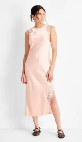 Satin Lace Chemise Pink Silk Midi Slip Dress XXL Coquette Dainty Slouchy Slit