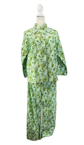 Vintage 70s Paisley Sleep Set Petite Psychedelic Dagger Collar Green Pajamas Size L