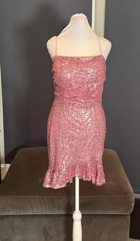 Women’s Pink Sequined Short Homecoming Party Dress Ruffle Hem CorsetBack Size 0